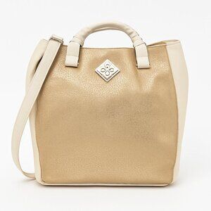 Vera Wang - Beige & Gold Faux Leather Tote Bag with Textured Metallic Front Pane